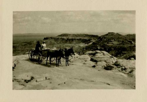 Two people on wagon pulled by 2 horses; view of canyon and mesas behind them