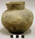 Ceramic vessel, complete, mended, short neck, sherds missing from body and rim