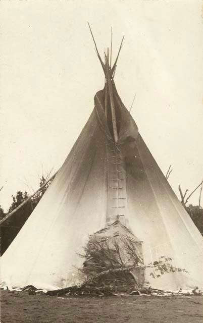 Front of a tipi, tree branches blocking the entryway