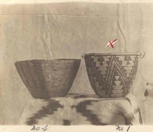 Studio shot of two Klickitat woven baskets