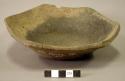 Ceramic complete vessel, shallow bowl, hexagonal rim shape, flat base, plain, no