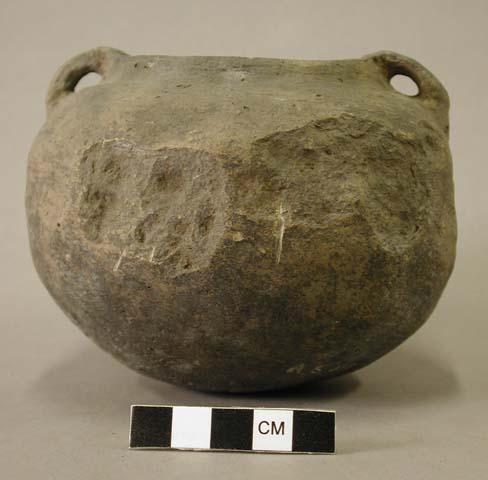 Ceramic vessel, two handles, spalling around body, hole/perforation on base