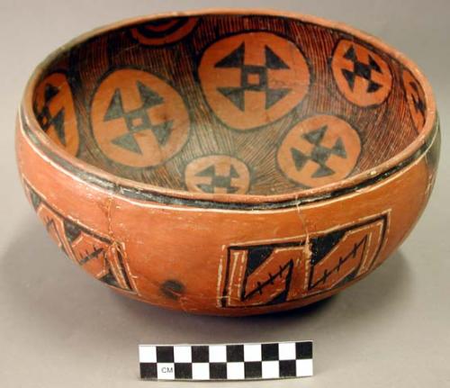 Ceramic bowl, red-on-black interior, polychrome exterior, reconstructed