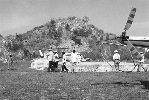 Helicopters landing on Acropolis at Edzna