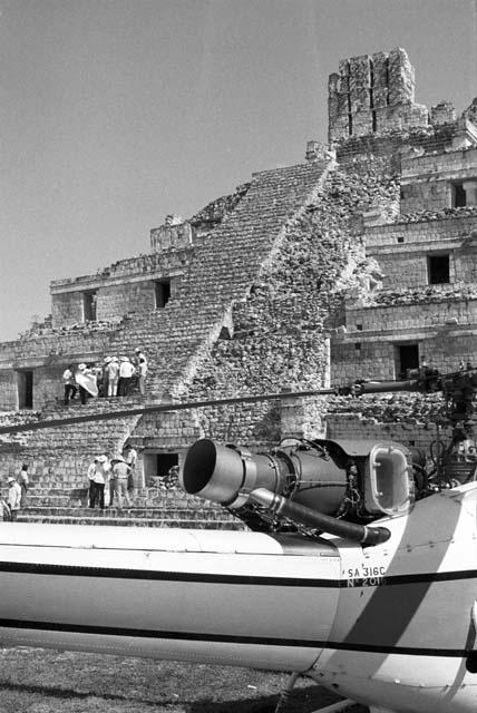 Helicopters landing on Acropolis at Edzna