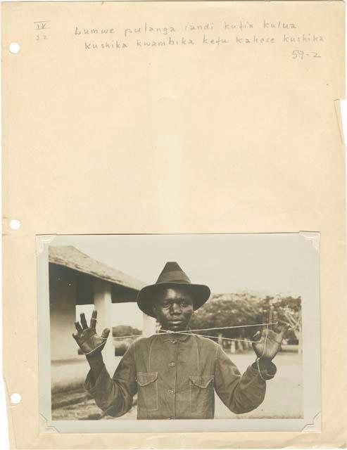 String figures from the Beligian Congo mounted on paper with Davidson's notes.