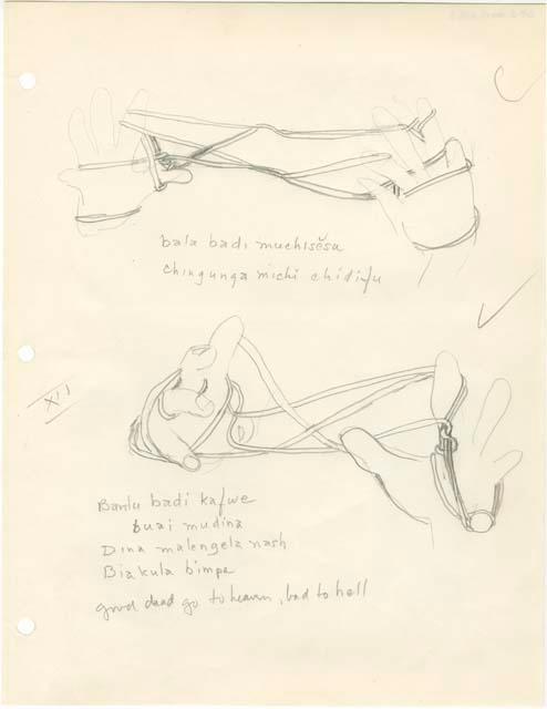 Pencil drawing of string figures from the Belgian Congo with notes