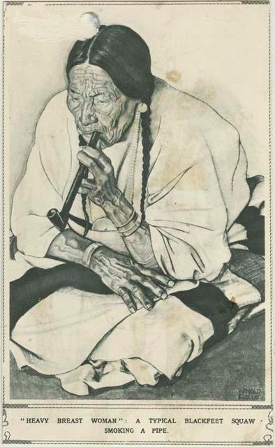 Drawing of woman smoking pipe