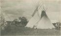 Two tepees and small lodge, Crow camp