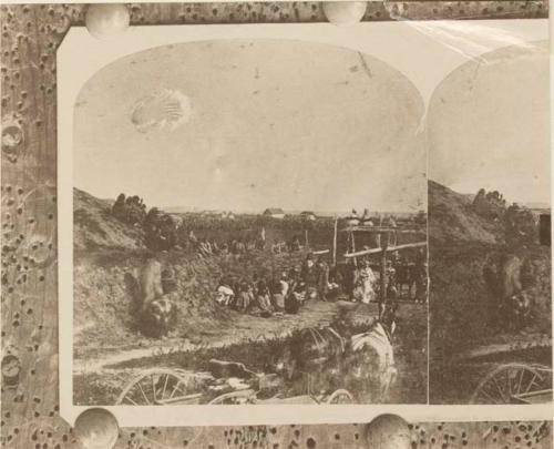 Photograph of half a stereocard which depicts groups of Omaha people