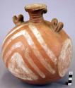 Pottery jar, red, painted white, two animal heads