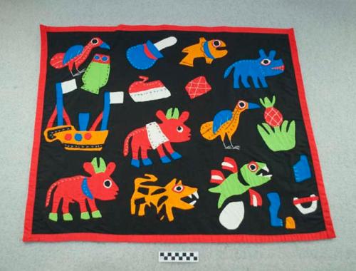 Cotton cloth with applique design depicting various animals, plants & a boat