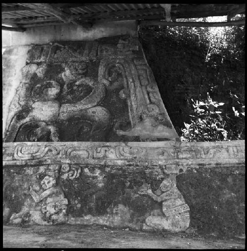 Stucco reliefs on pyramid at Comalcalco