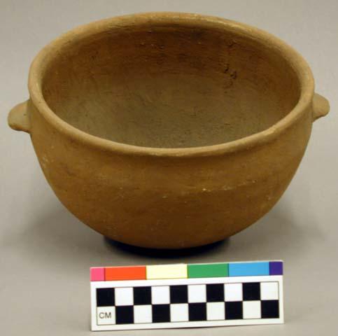 Ceramic vessel, complete, 2 lug handles, slightly flared rim, plain.