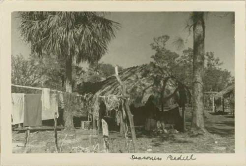 Photograph of hut and clothes line.