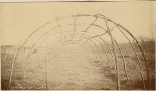 Frame of longhouse, a Winnebago Ceremonial lodge. Originally covered with skin.