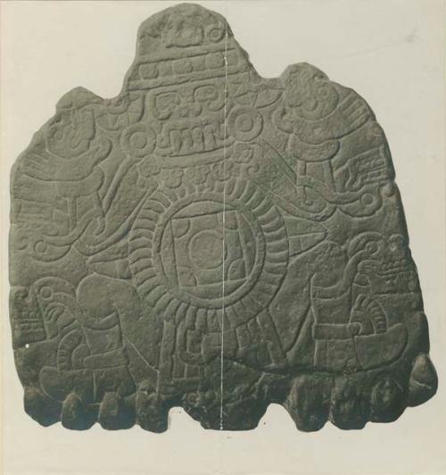 Carved underside of Coatlicue sculpture, depicting the male representation of Tlaltecuhtli, the Earth Deity