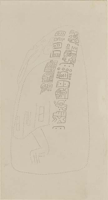 Drawing of anthropomorphic and zoomorphic carving of nephrite and jadeite with glyphs