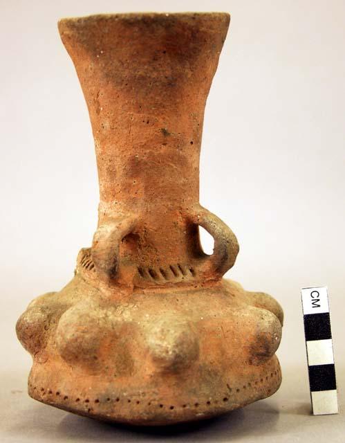 Pottery vase, red, with knob and 4 handles