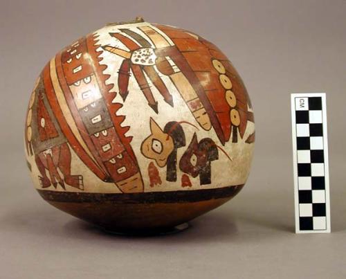 Broken double spout bottle painted in polychrome with 2 "anth. mythical beings"