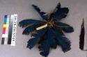 Feather headdress; Feathered headdress, blue-green feathers with fibre attachmen