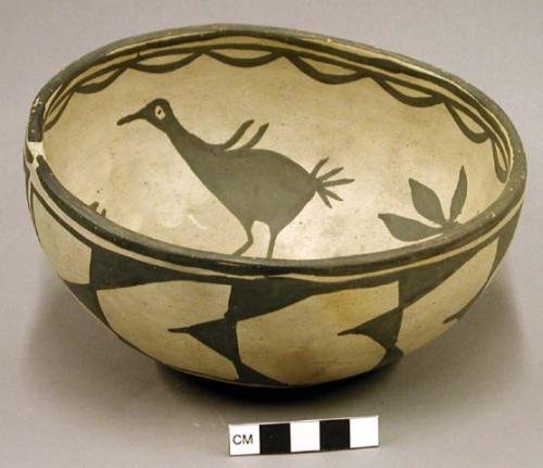 Bowl, black on cream interior and exterior design, bird motif