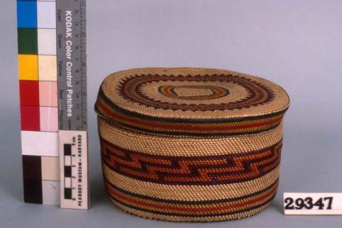 Wrapped twine basket with cover - colored designs
