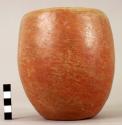 Ceramic jar, red ware, cracked, thick walls, incurving rim