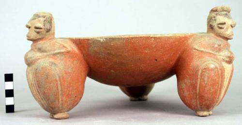 Tripod pottery effigy bowl - brownish red; height 13 cm; rim diameter 19 cm