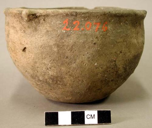 Ceramic complete vessel, bowl, four nodes along rim, chipped rim