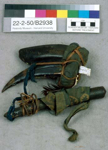 Rattle and gong, hornbill beak and baton
