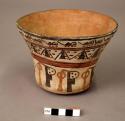 Flaring bowl painted with rows of mice, stylized faces, and trophy heads