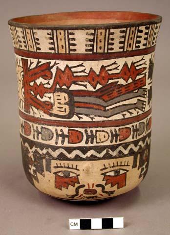 Vase painted in polychrome with mythical beings, a human face and other motifs