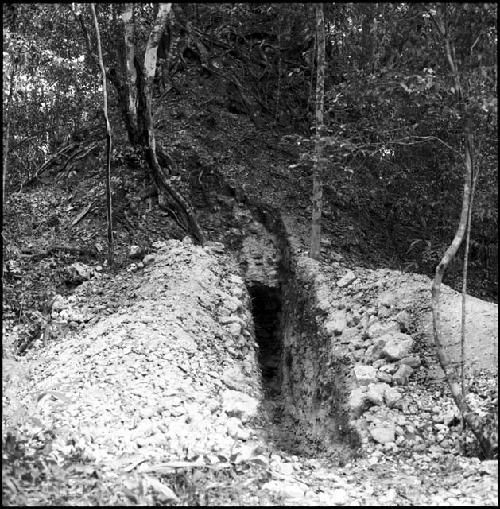 Looter's trench in temple mound at El Temblor