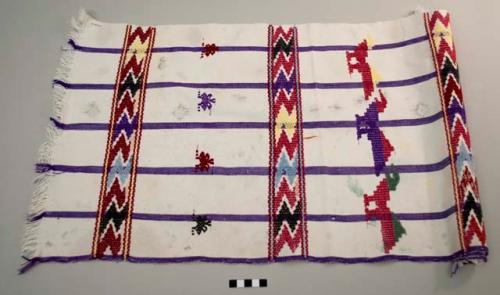 Tzute, women's multipurpose headcloth, white with purple stripes, multicolored animal and geometric images