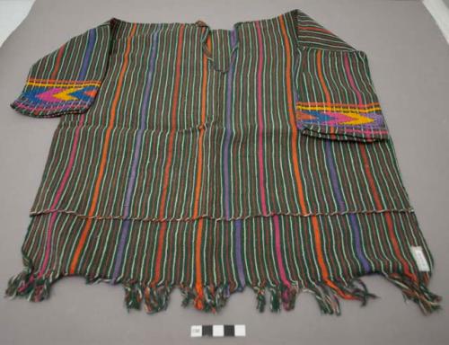 Shirt, child's, green with orange, pink, purple, red stripes, fringed hem, brocade chevron pattern on sleeves