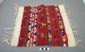 Tzute, woman's, white cotton, fringed, red central portion, multicolored brocade birds, geometric images