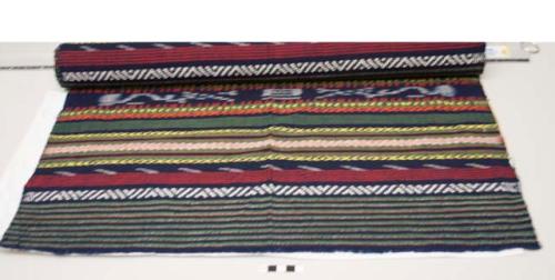 Shawl or Rebozo, dark indigo, multicolored bands, geometric patterns, ikat