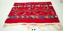 Tzute, red, white fringe on two sides, multicolored bands of brocade birds, geometric images