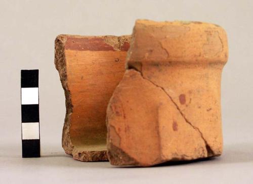 Portion of small panelled tripod pottery vase - originally polychrome, style ind