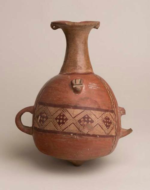 Pottery vessel - pointed bottom, two handles, band of geometric decoration