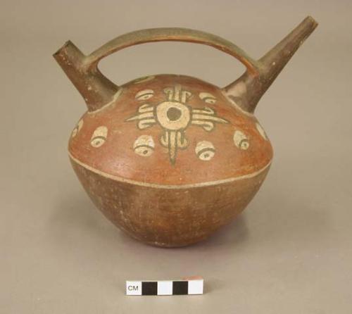 Miniature double spout bottle painted with geometric motifs