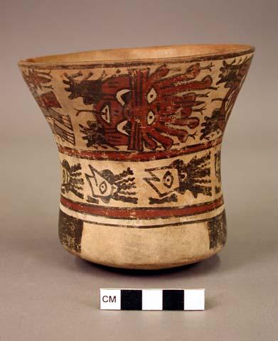 Vase painted in polychrome with mythical masked beings, trophy heads, quadrants