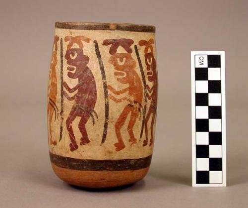 Vase painted with red and orange human figures carrying black staffs, on white