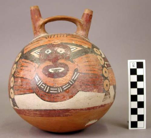 Bottle. round polychrome spout and bridge bottle.