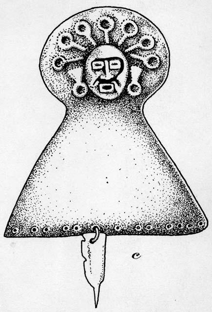 Drawing of bell-shaped ornament with human face