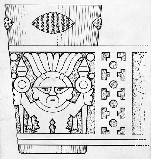 Peruvian gold: drawing of cylindrical container with human figure design