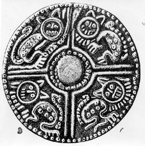 Peruvian gold: drawing of flat disc with animal designs