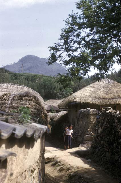 Children walking by houses with straw roofs