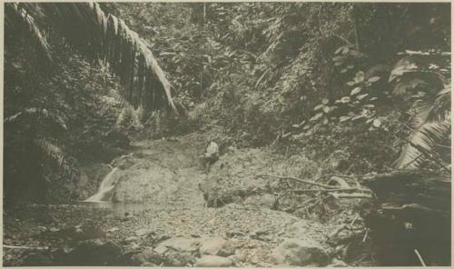 Man sitting by waterfall